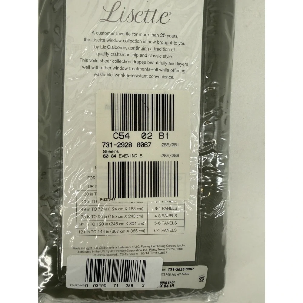Liz Claiborne Lisette Sheer Curtain‎ Panel Sage Green 60x84 Rod Pocket NIP